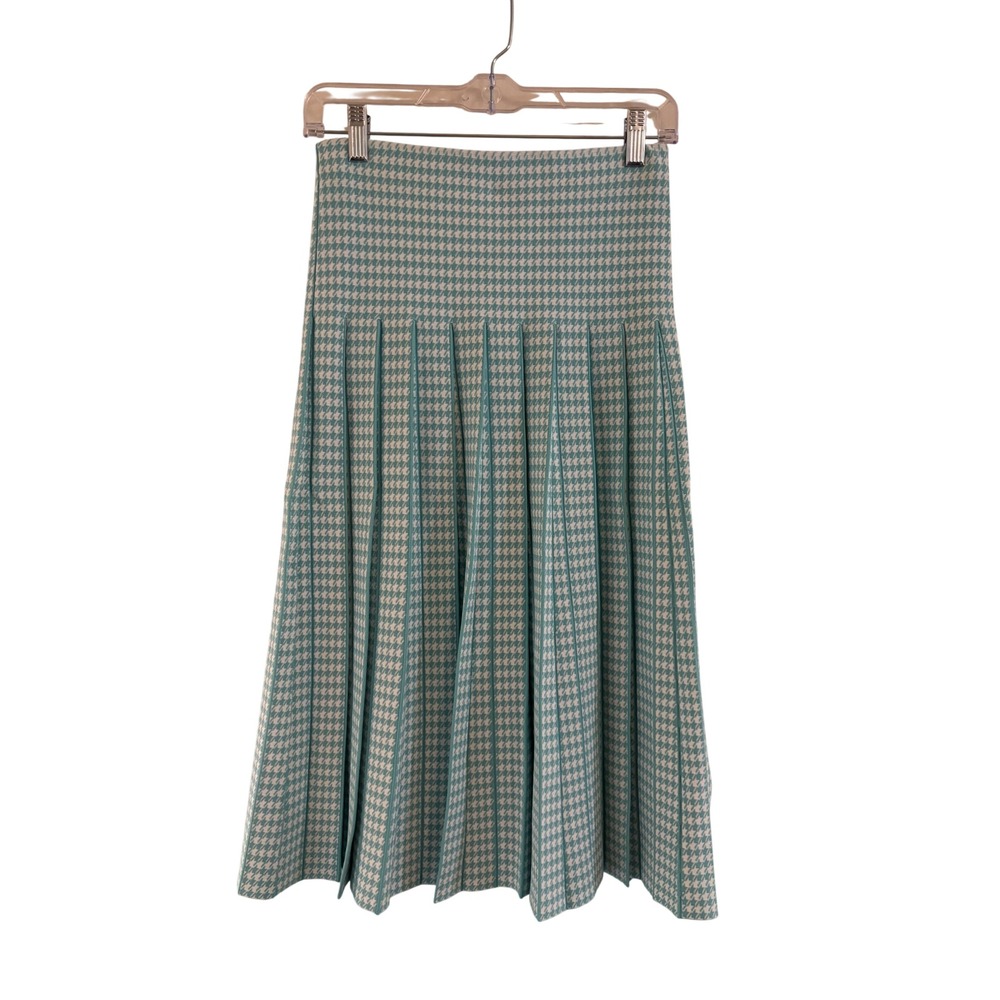 NWT Aleeza Paris Teal Blue Houndstooth Pleated Knit Midi Skirt XS